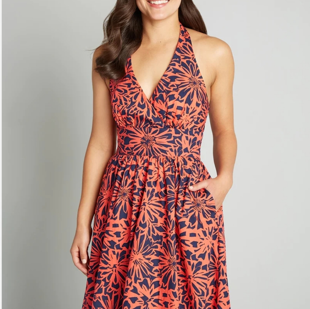 Modcloth Unfaltering Halter Orange Blue Floral Dress Size 6